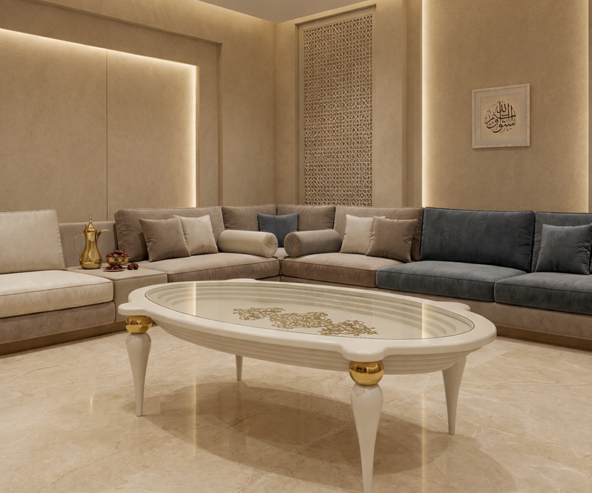 010 cream oval scalloped table in a warm-lit marble living room