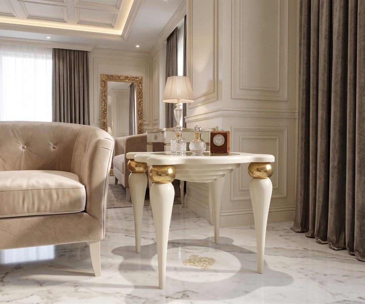 011 cream glass table beside an armchair in a classical panelled room
