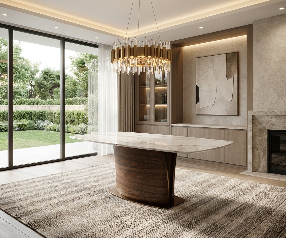 017/FJ09 dining table in a bright dining room beside a marble fireplace