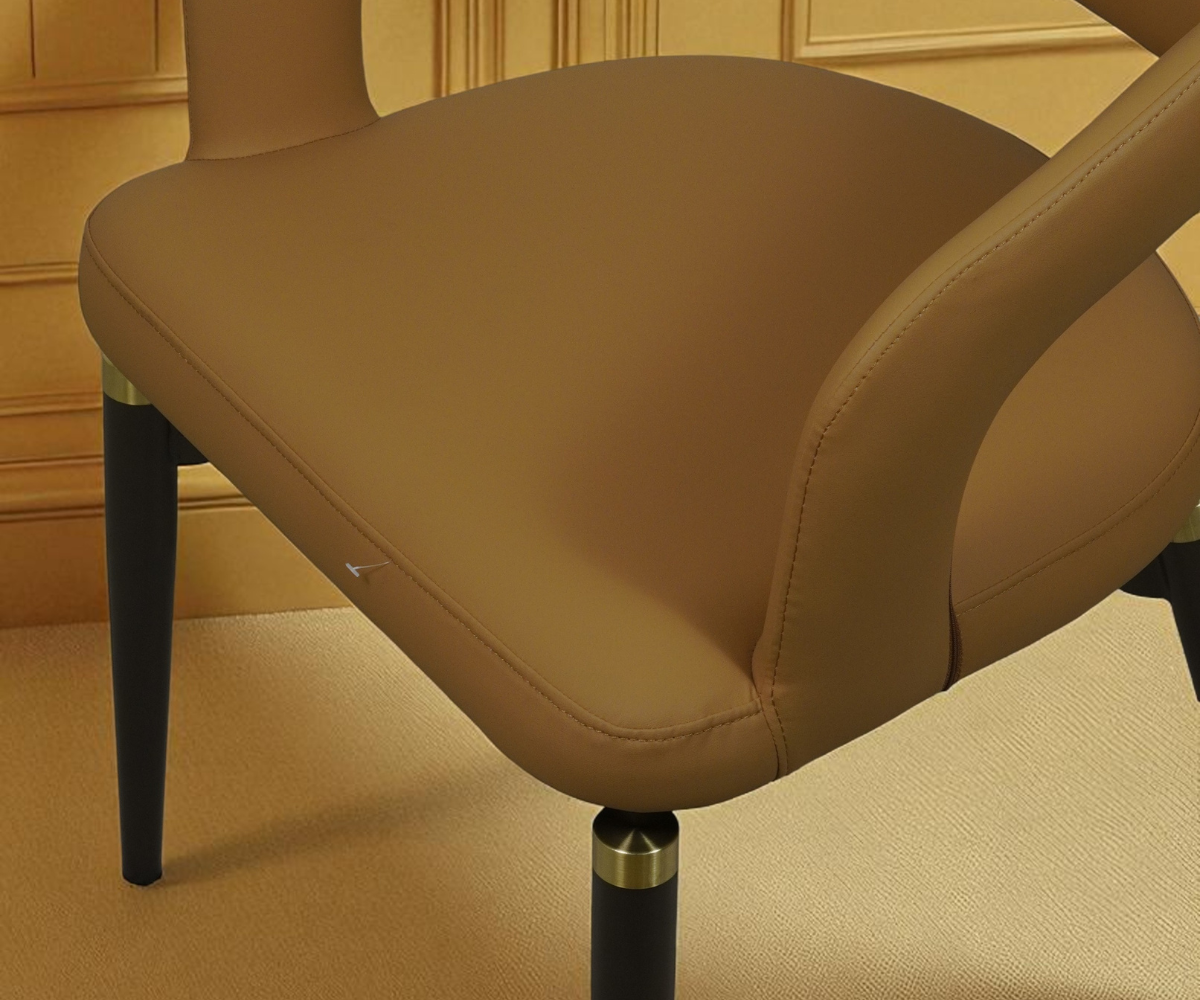 032 leather sculptural accent chair, front view against a panelled wall