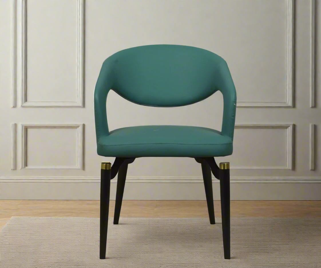 034 leather signature armchair in teal, front view with a curved open back