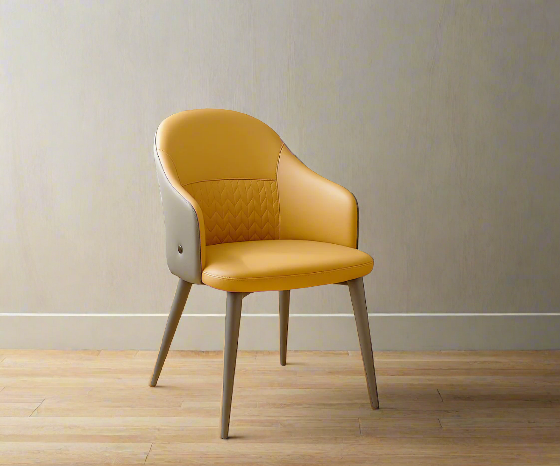 082 two-tone mustard and grey designer chair, angled view on a wood floor