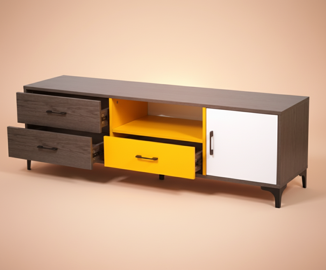 1.4-906 modern wood console, angled view with drawers and yellow shelf open
