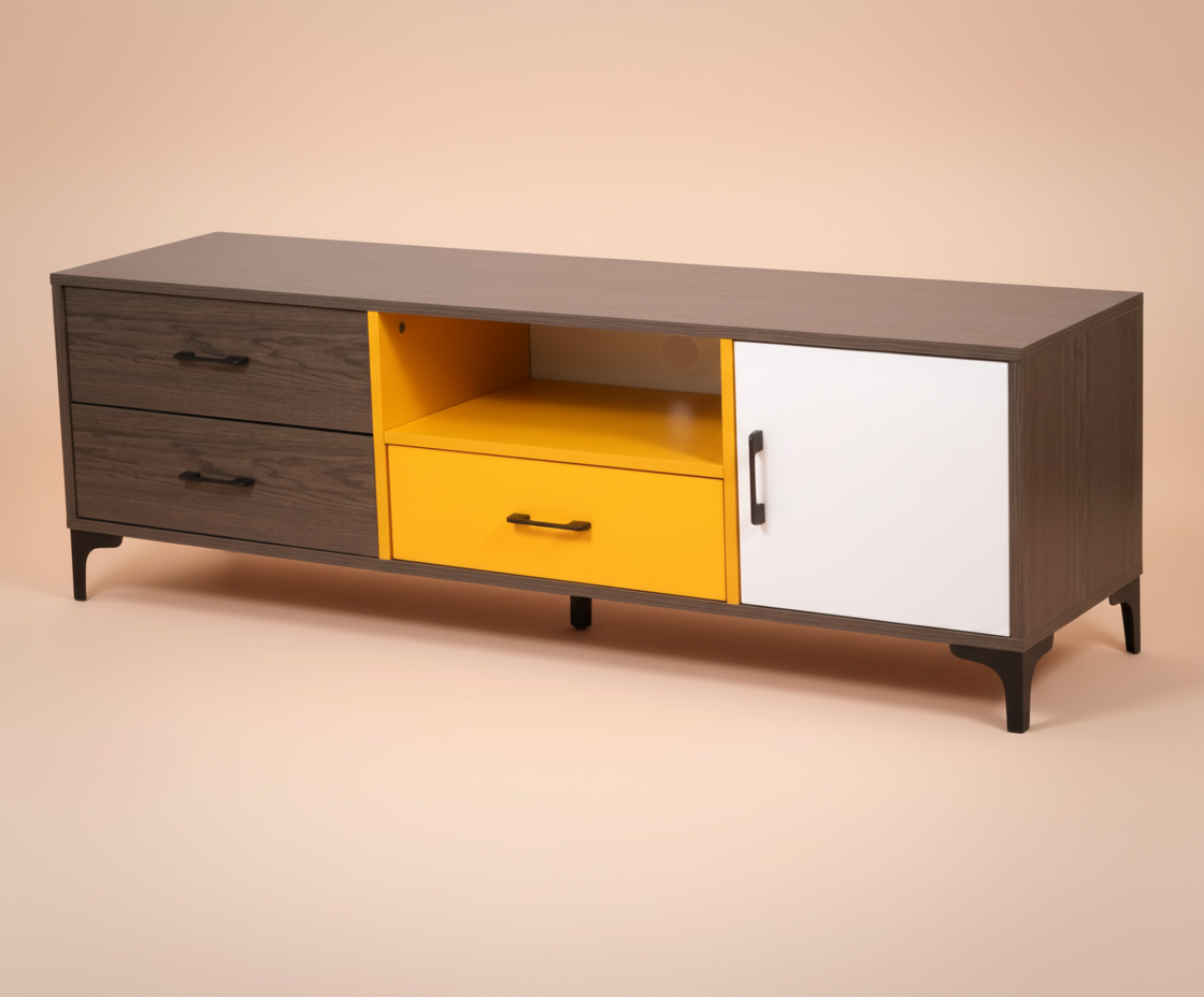 1.4-906 modern wood console, angled view with drawers and yellow shelf open