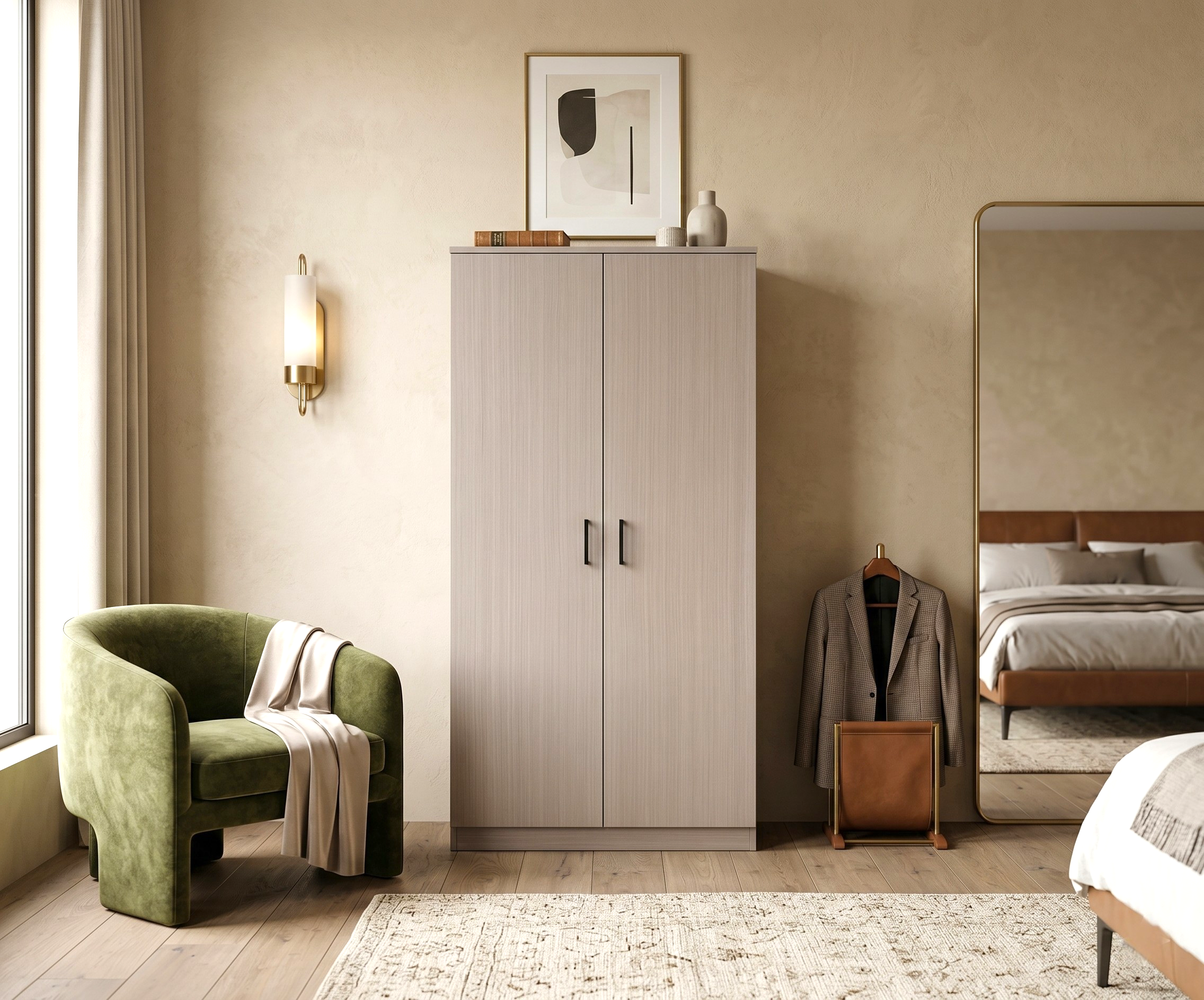 1.85M large wood wardrobe in a cream bedroom beside a green boucle armchair