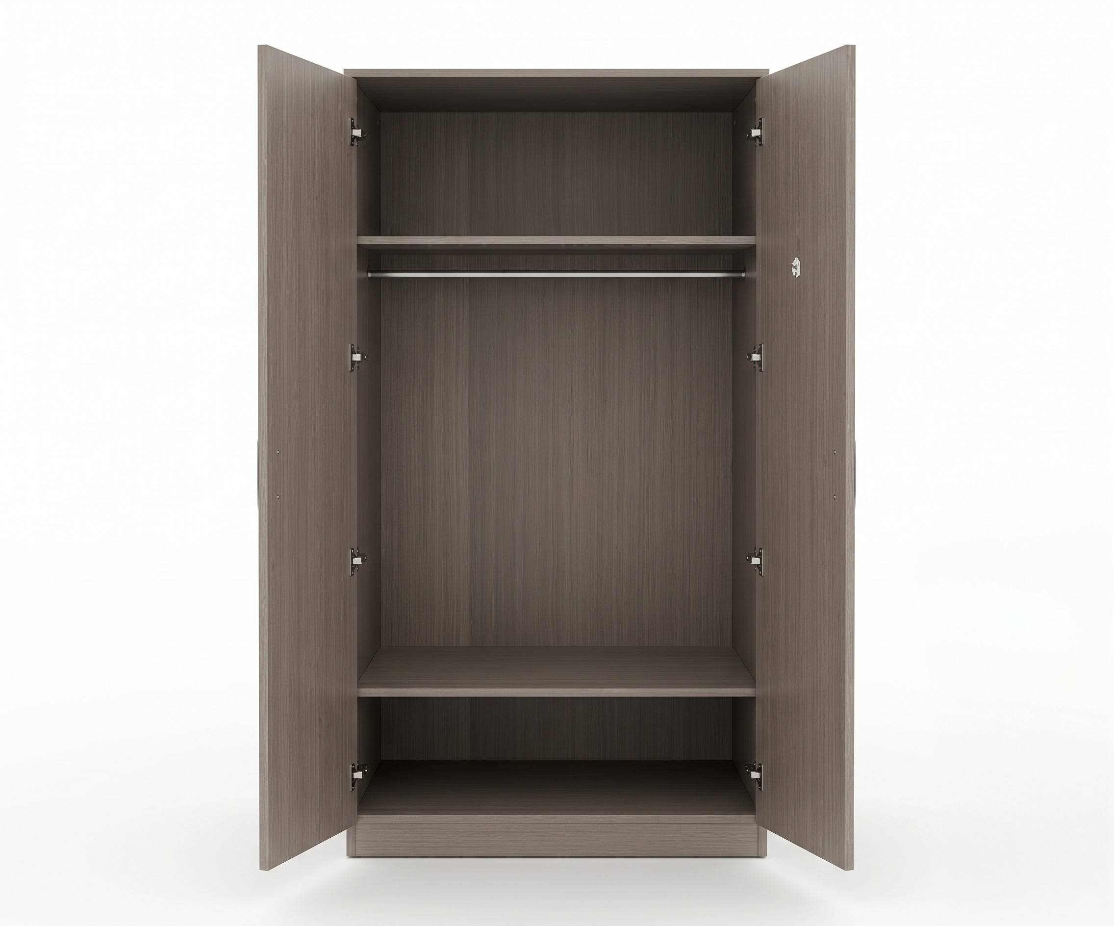 1.85M large wood wardrobe in a cream bedroom beside a green boucle armchair