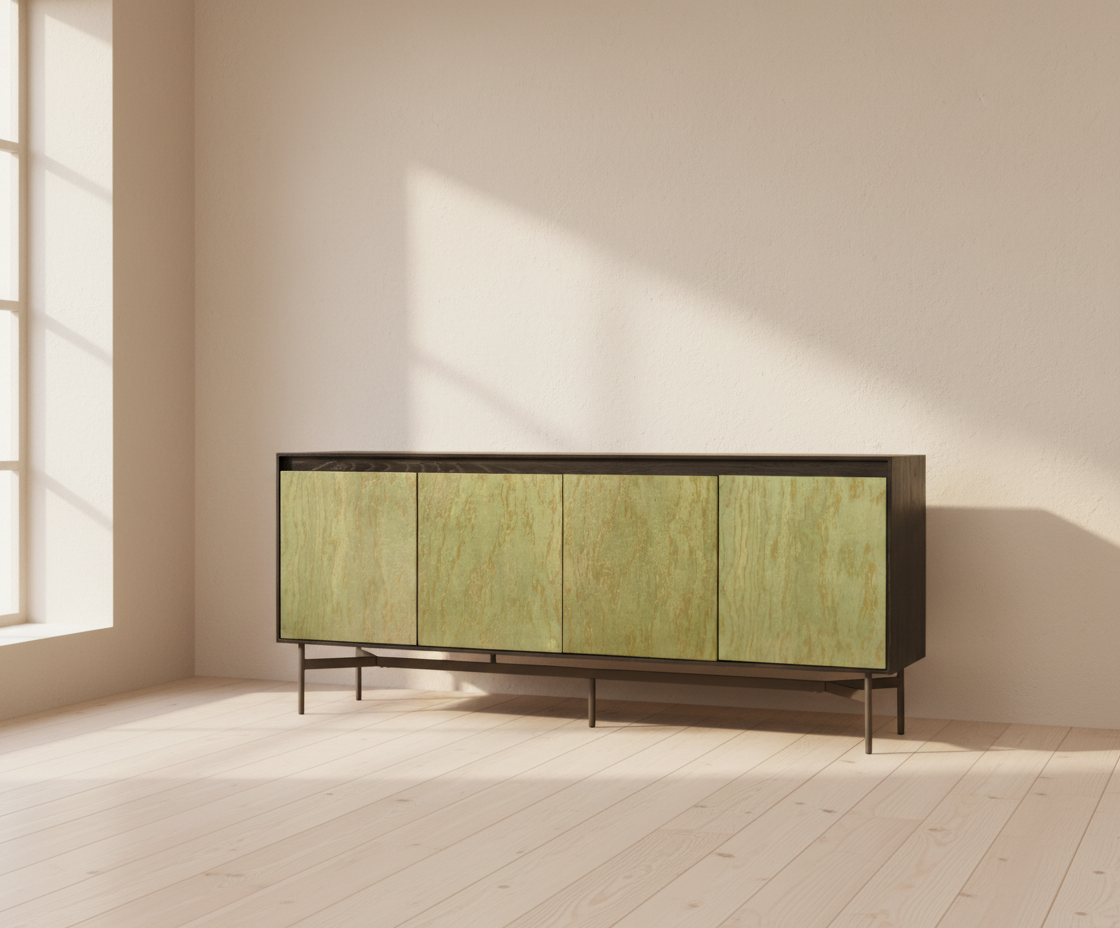 1018T green stone cabinet in a bright room with pale wooden floors