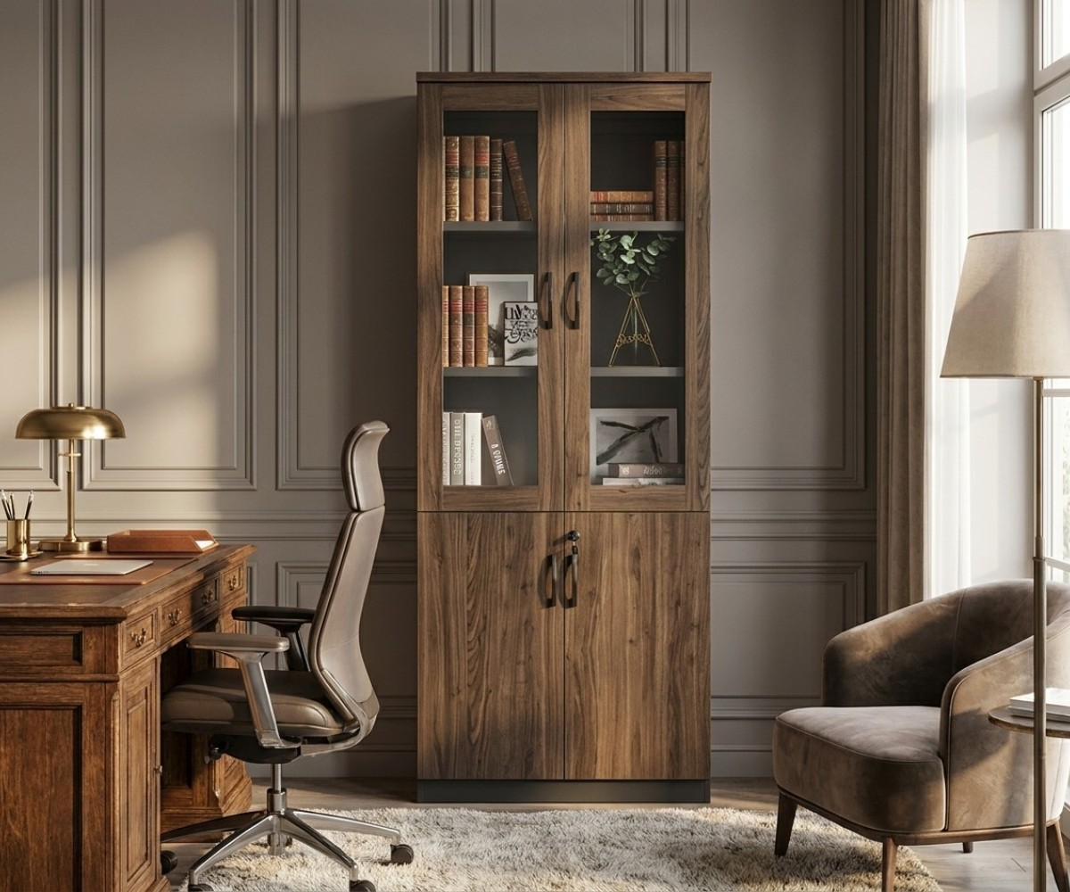 102 walnut file cabinet with glazed upper doors in a classical study
