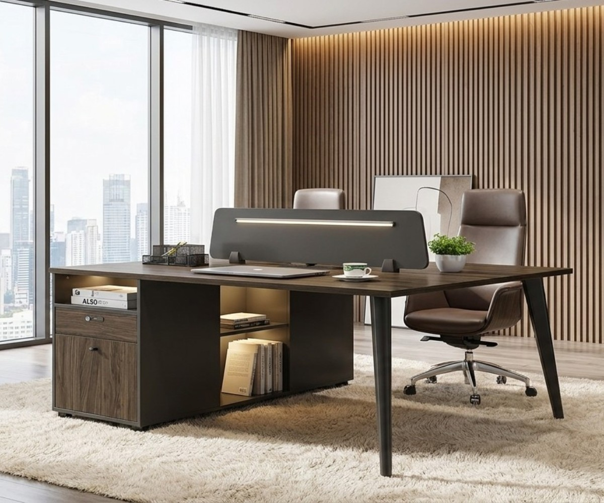 1024 walnut two-seater workstation with privacy screen in a slatted-wood office