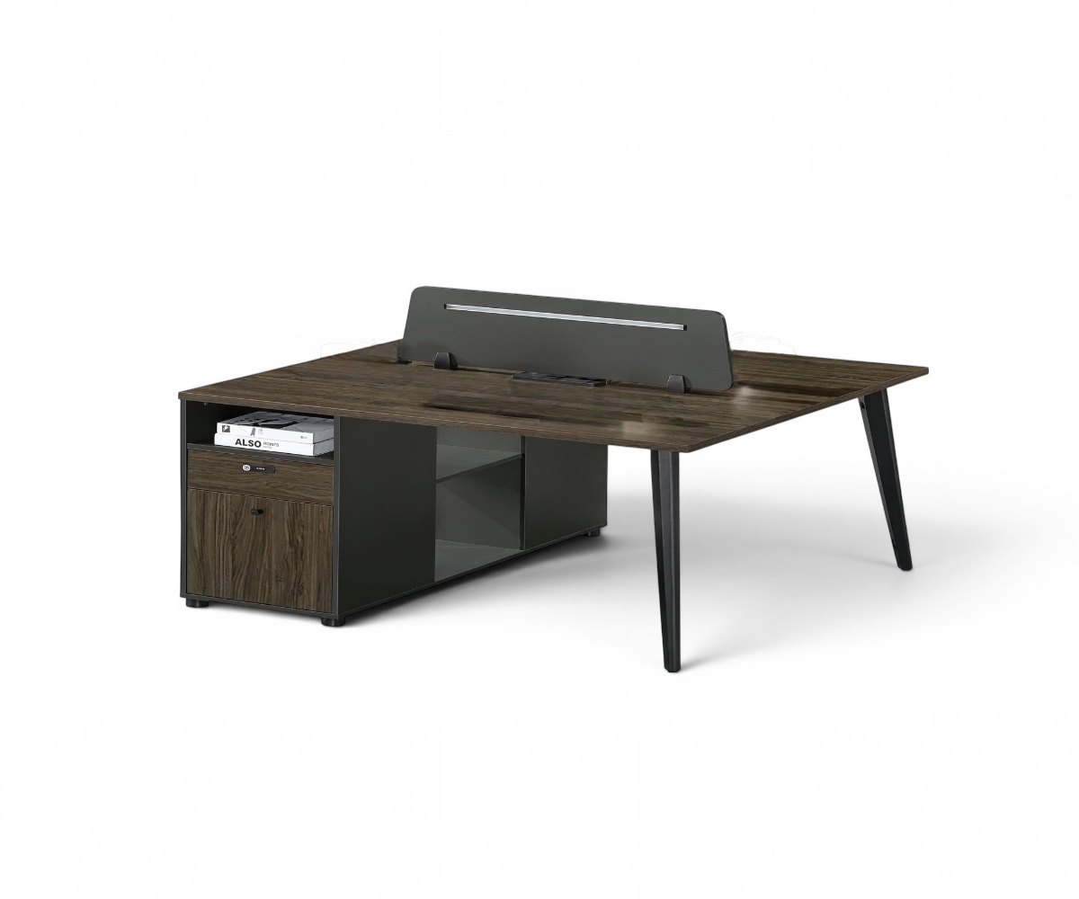 1024 walnut two-seater workstation with privacy screen in a slatted-wood office