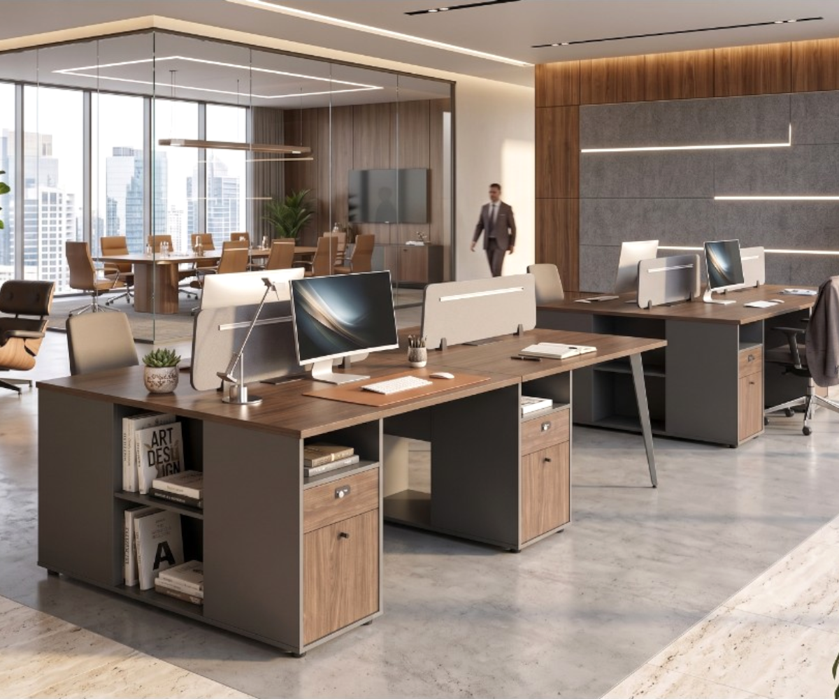 1024 walnut workstation 4-seater in an open-plan office with a city view