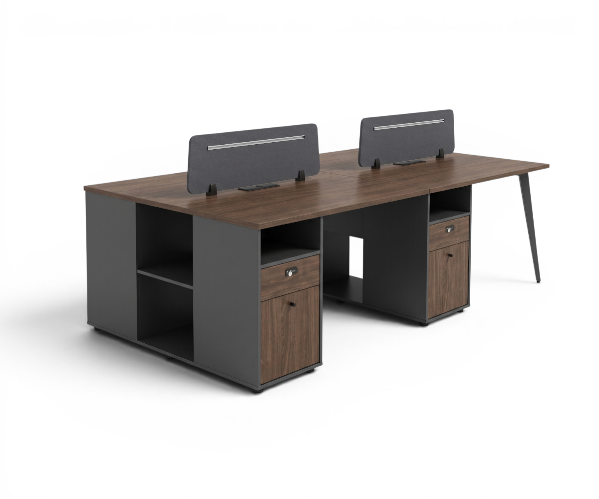 1024 walnut workstation 4-seater in an open-plan office with a city view