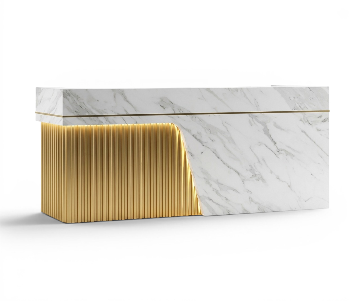 1029 gold marble reception desk with fluted gold front in a bright lobby