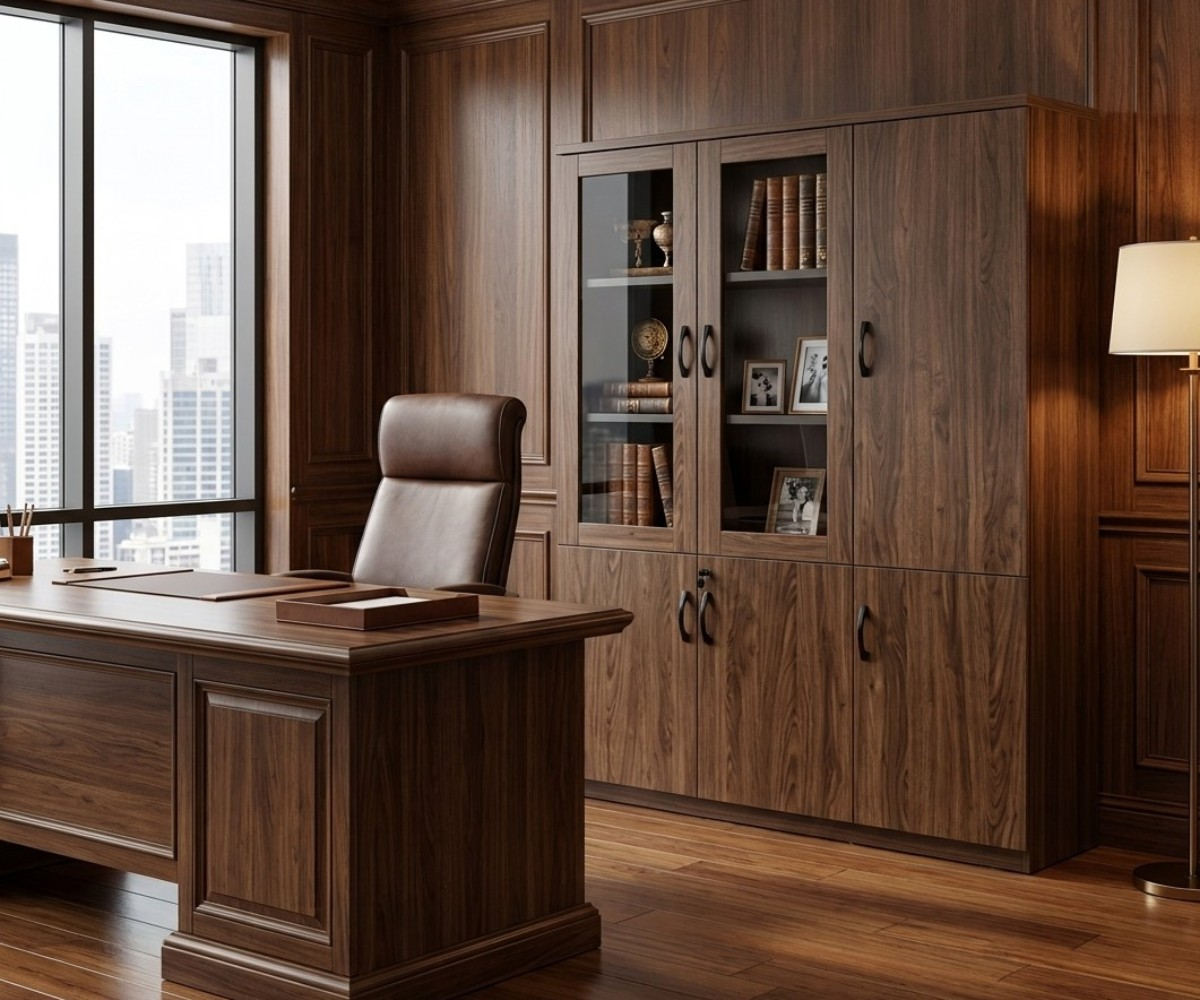 103 walnut office cabinet behind a desk in a wood-panelled study
