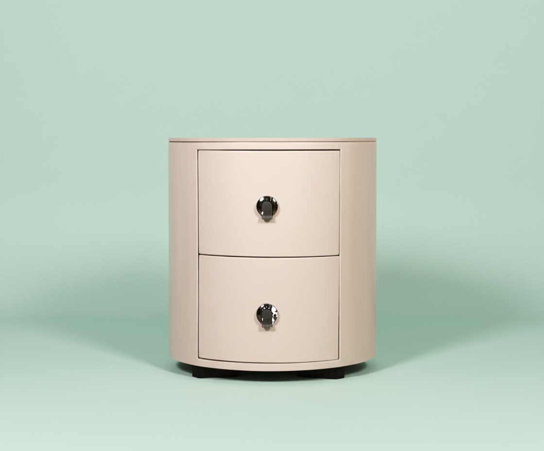107# curved white nightstand, front view of two drawers on a mint backdrop