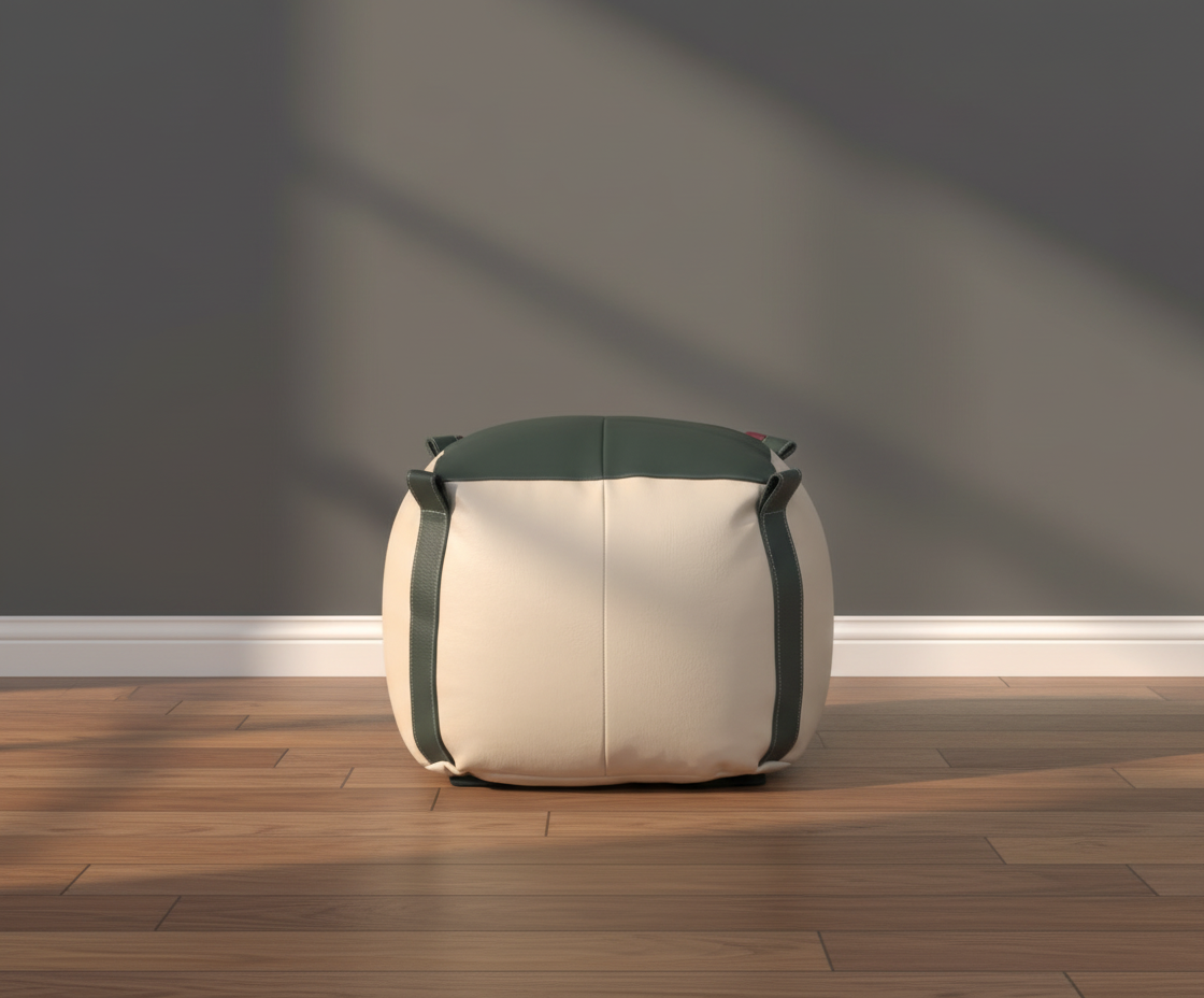 112 two-tone cube ottoman on a wooden floor in a bright room