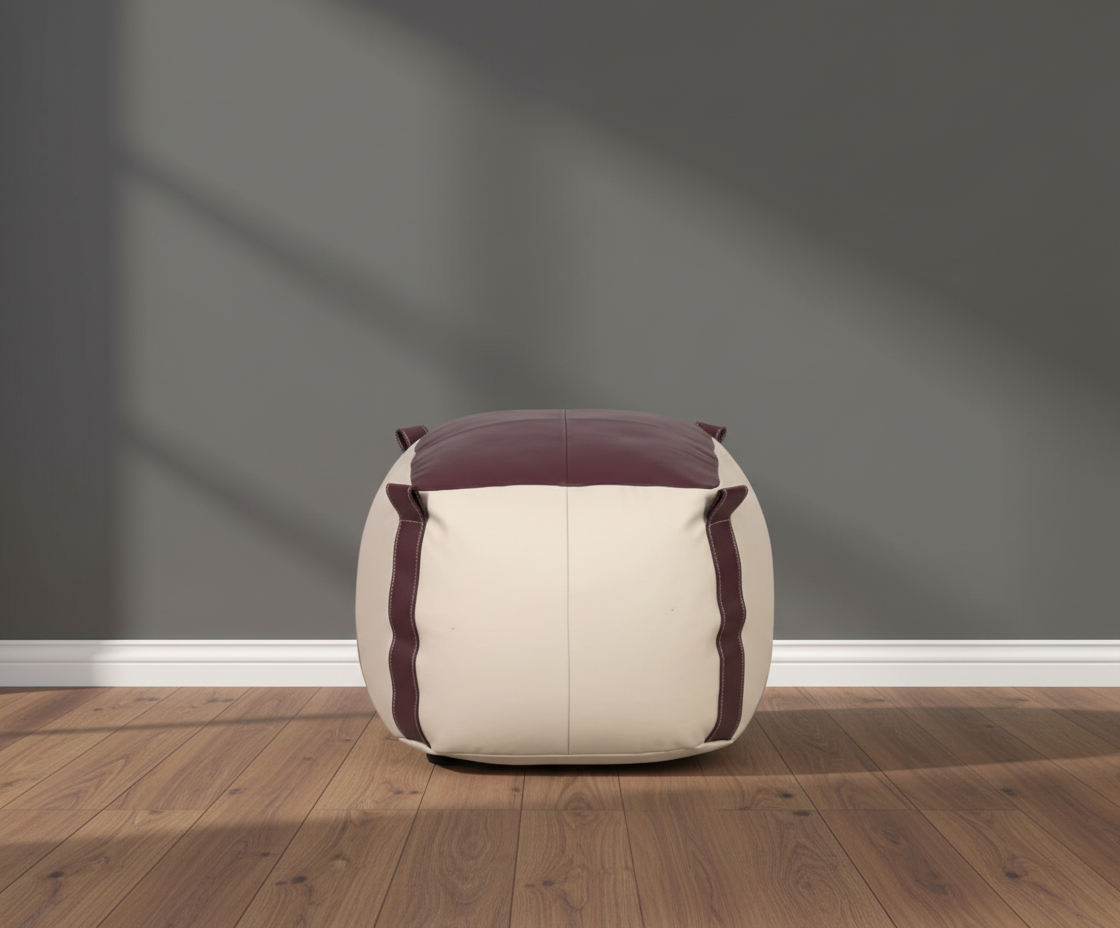 112 two-tone cube ottoman on a wooden floor in a bright room