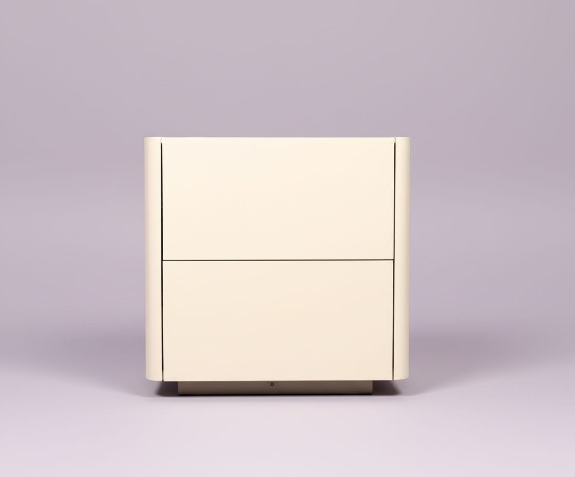 115# minimalist white nightstand, front view of two handleless drawers