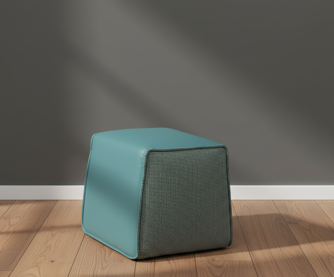 115 textured blue ottoman, angled view with a woven side panel