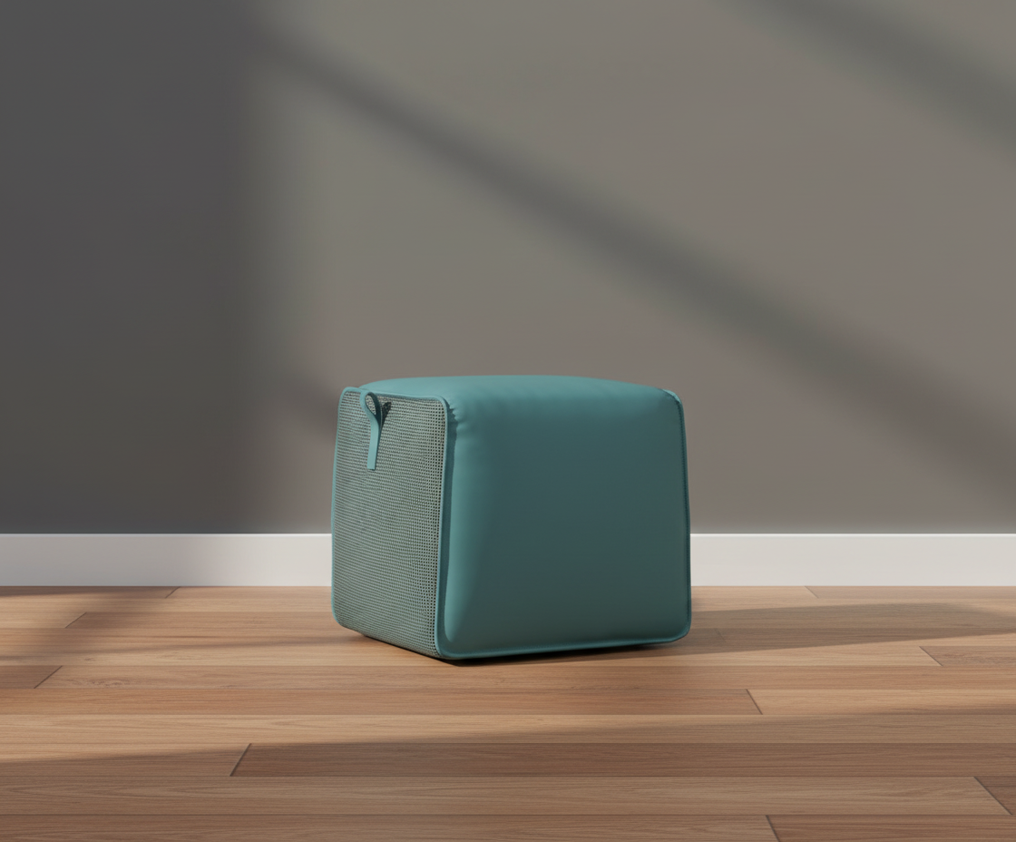 115 textured blue ottoman, angled view with a woven side panel