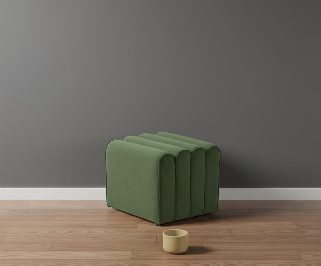 117 fluted storage ottoman in green, angled view with a fluted side