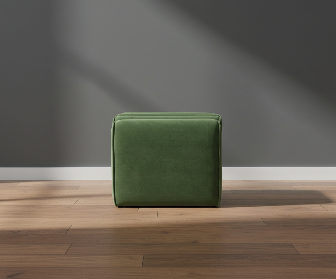 117 fluted storage ottoman in green, angled view with a fluted side