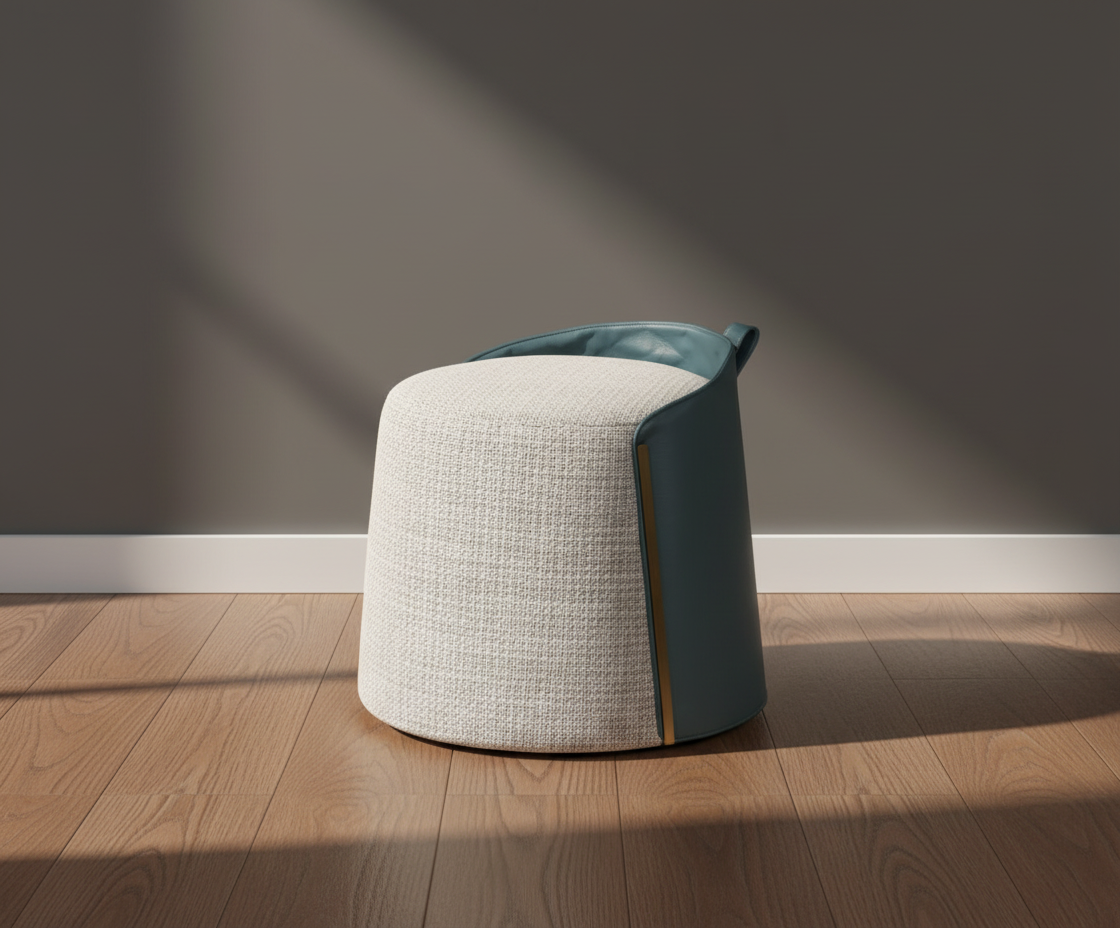 118 sculpted round ottoman, front view with a woven body and teal top
