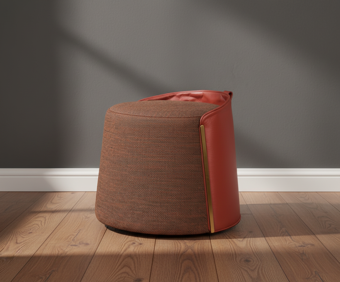 118 two-tone round ottoman in rust, angled view with a brass trim line
