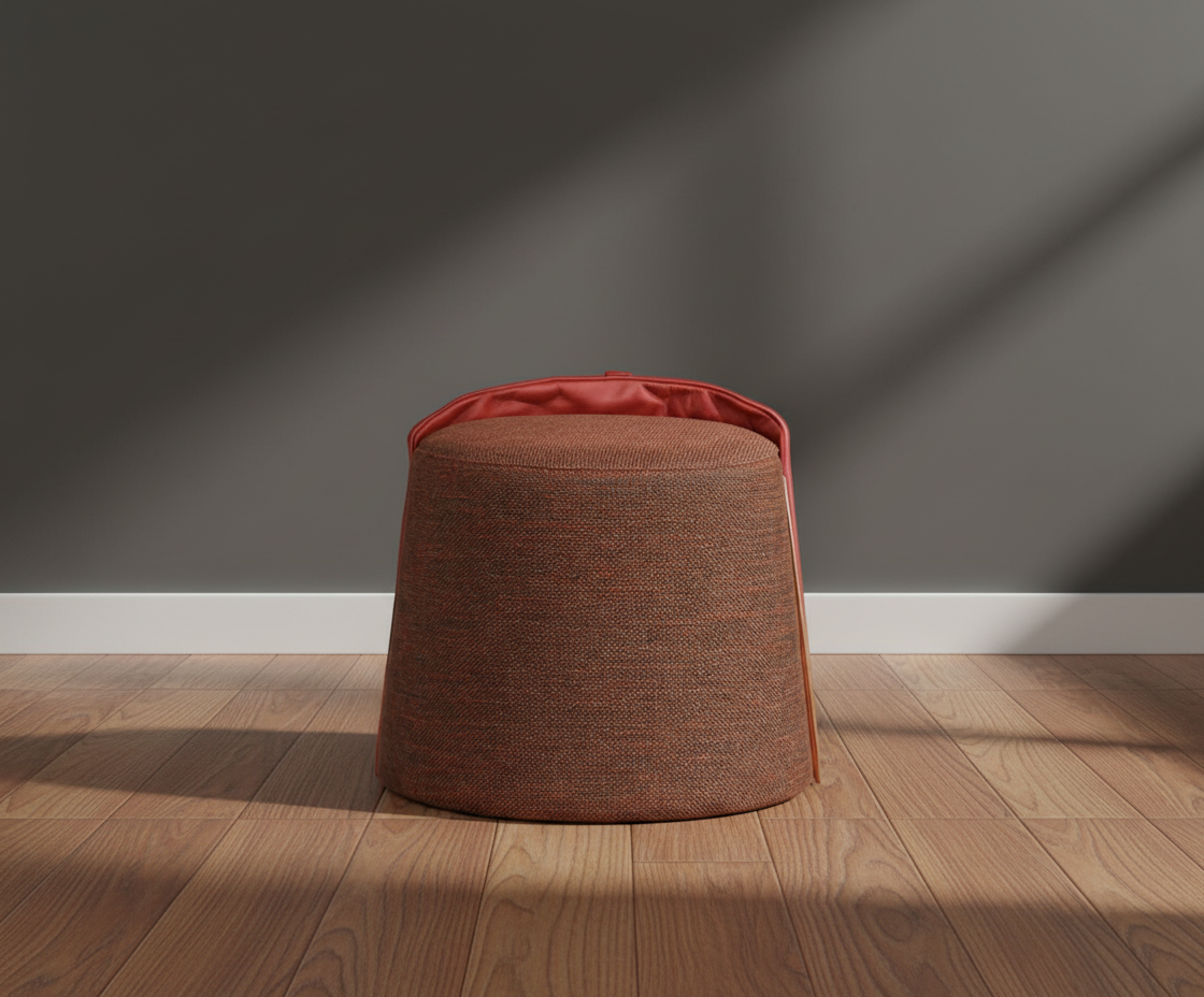 118 two-tone round ottoman in rust, angled view with a brass trim line