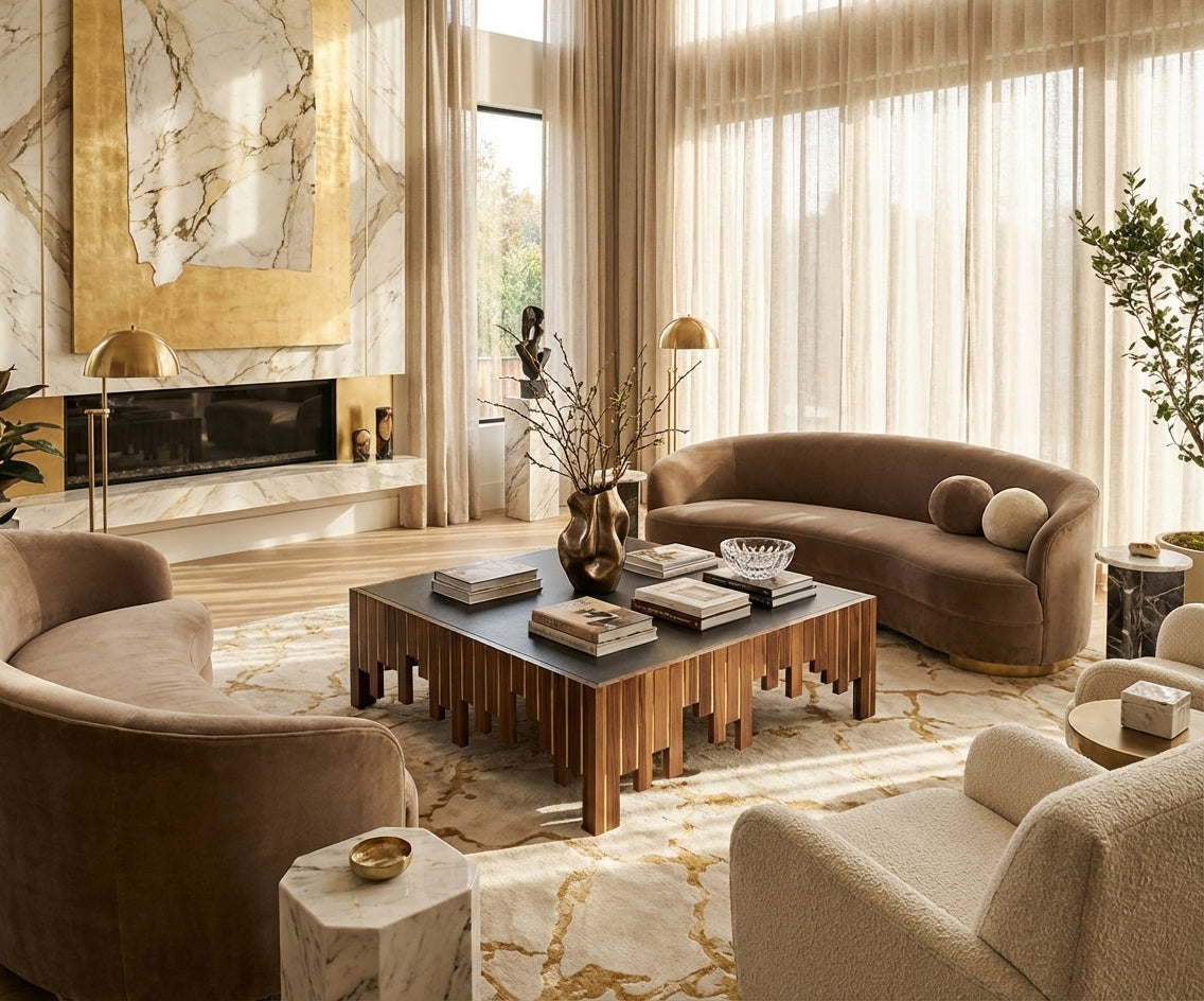 119 walnut gold table in a marble-walled living room with a fireplace