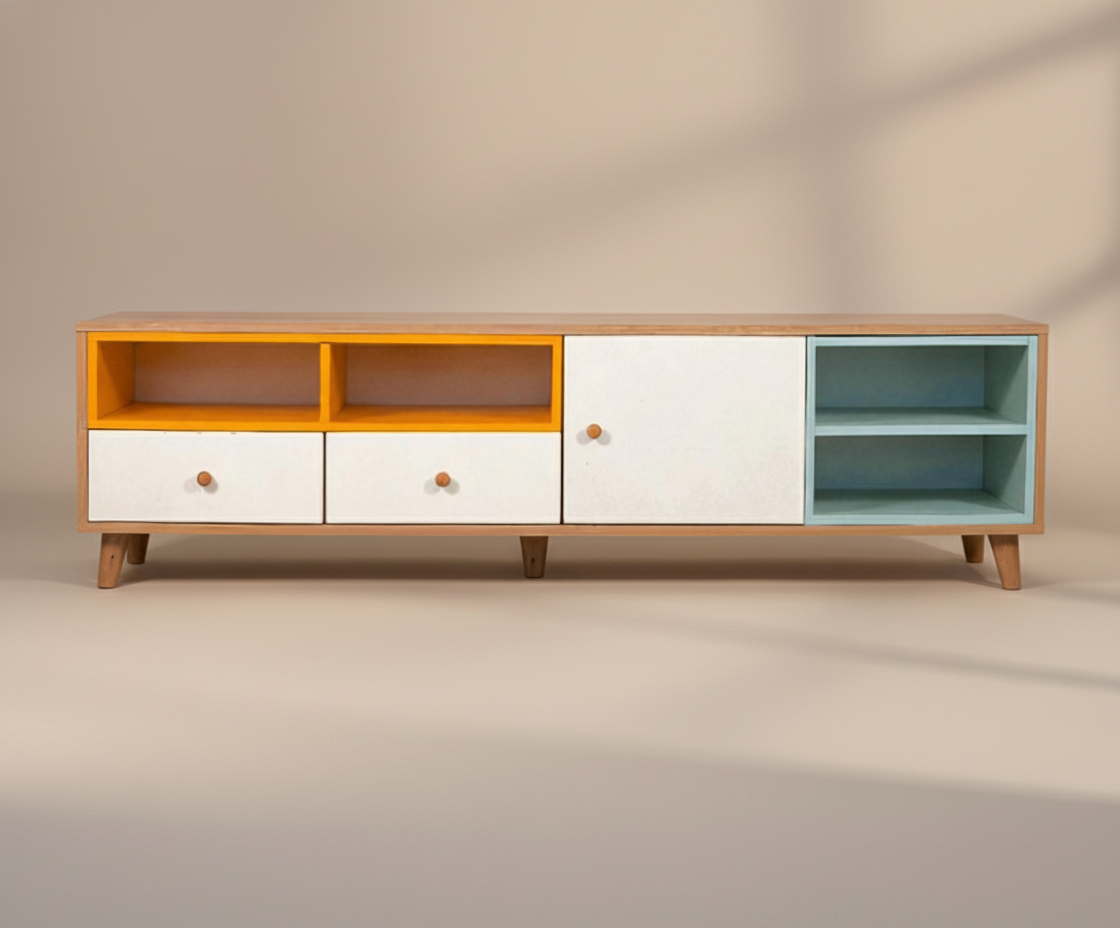 1203 wooden media console, angled view with yellow and teal compartments