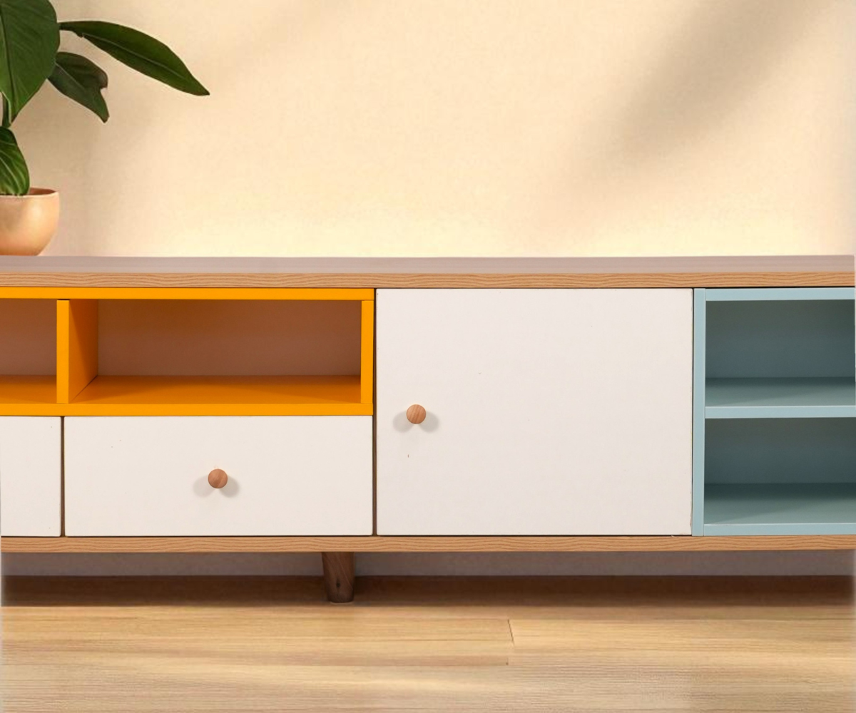 1203 wooden media console, angled view with yellow and teal compartments