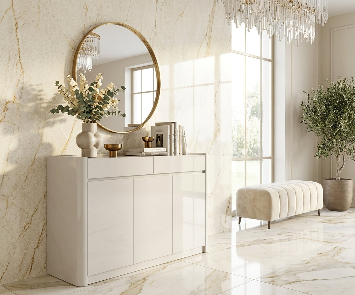 122-2 white minimalist cabinet beneath a round mirror in a bright hallway