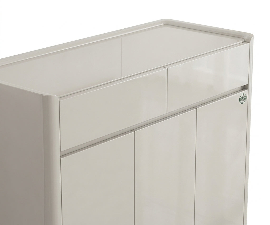 122-2 white minimalist cabinet beneath a round mirror in a bright hallway