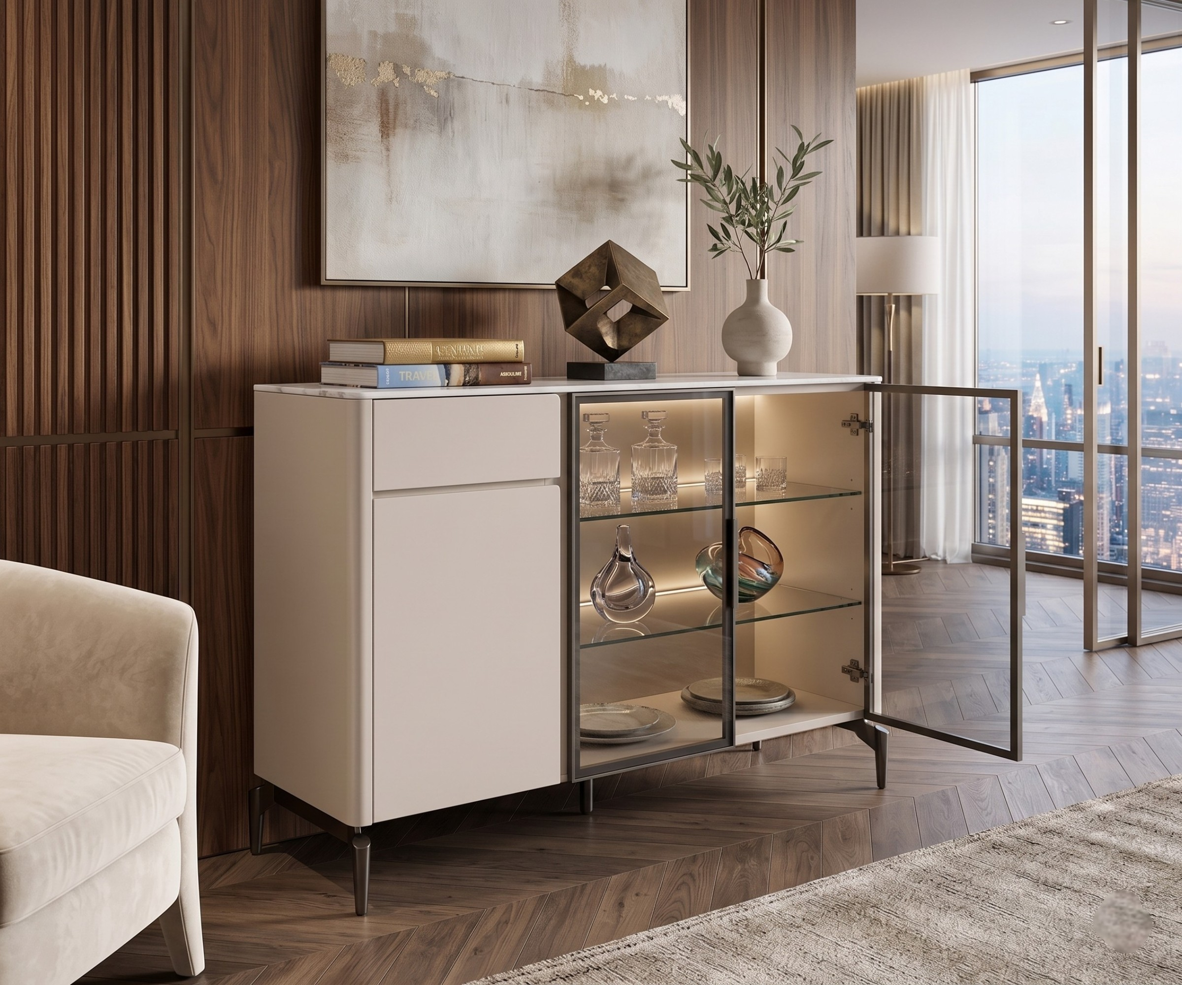 127-5 white cabinet console with lit glazed doors in a panelled living room