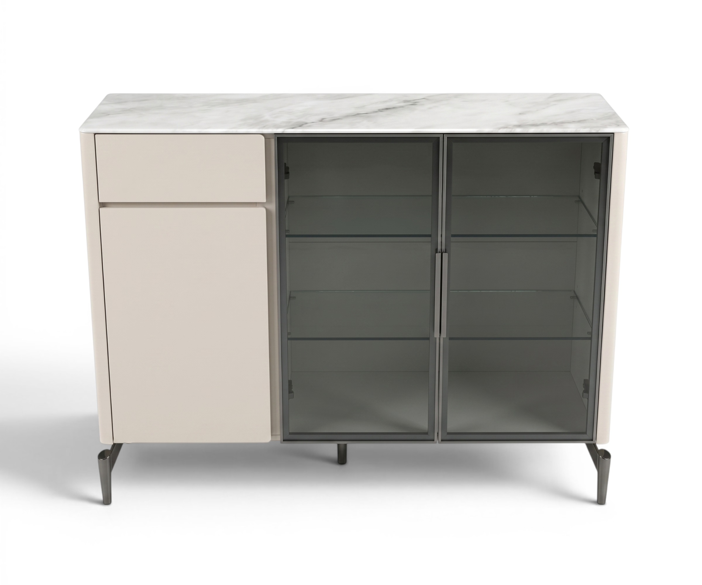 127-5 white cabinet console with lit glazed doors in a panelled living room