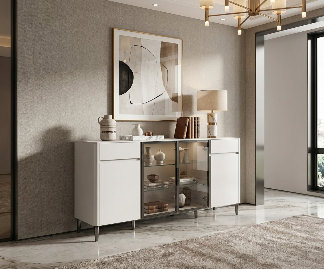 127-6 white contrast cabinet beneath artwork in a bright living room