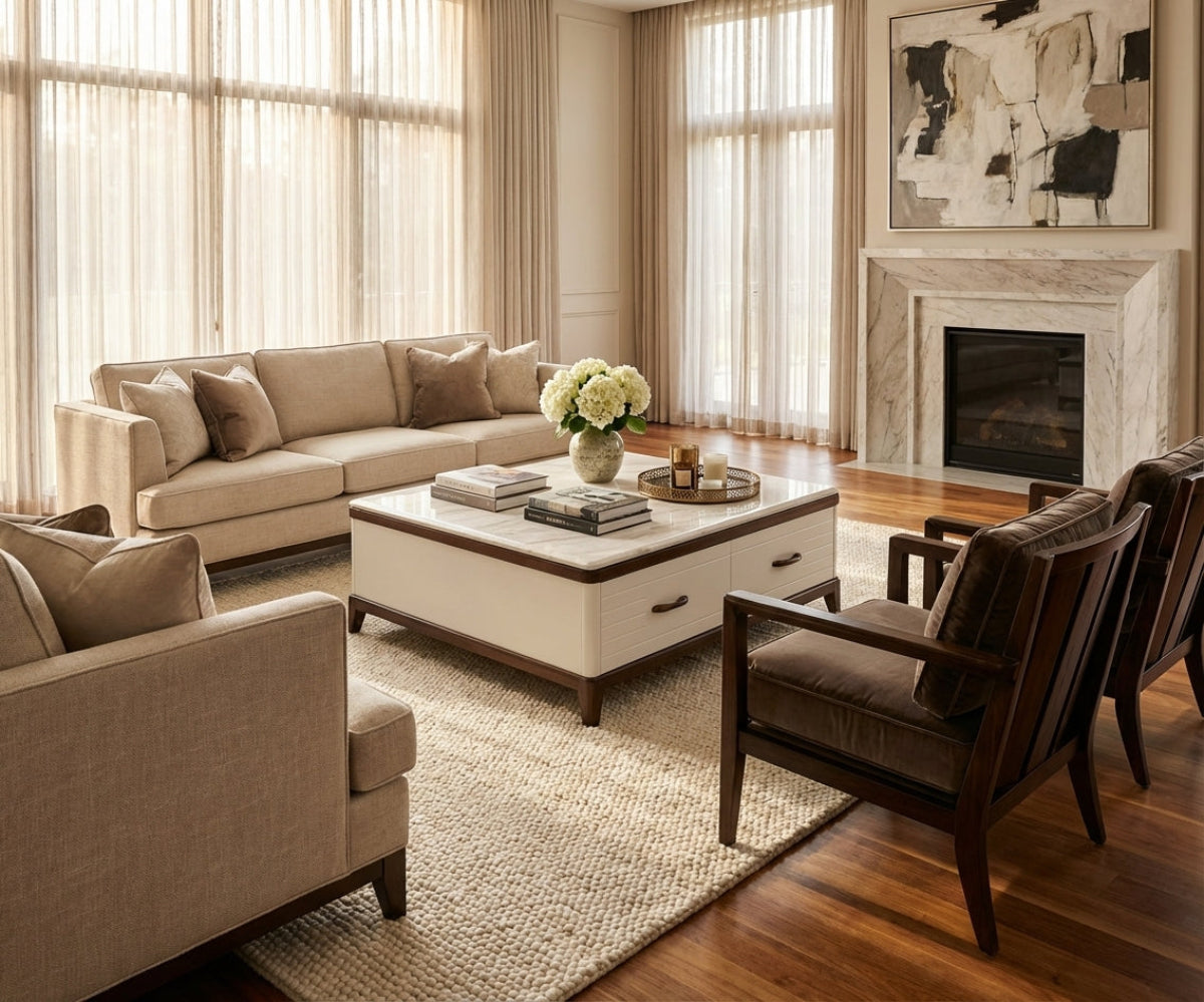 1318 marble storage table in a bright living room with a fireplace