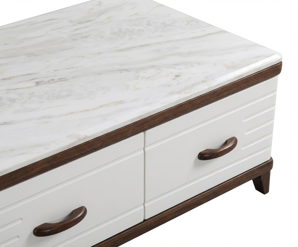 1318 marble storage table in a bright living room with a fireplace