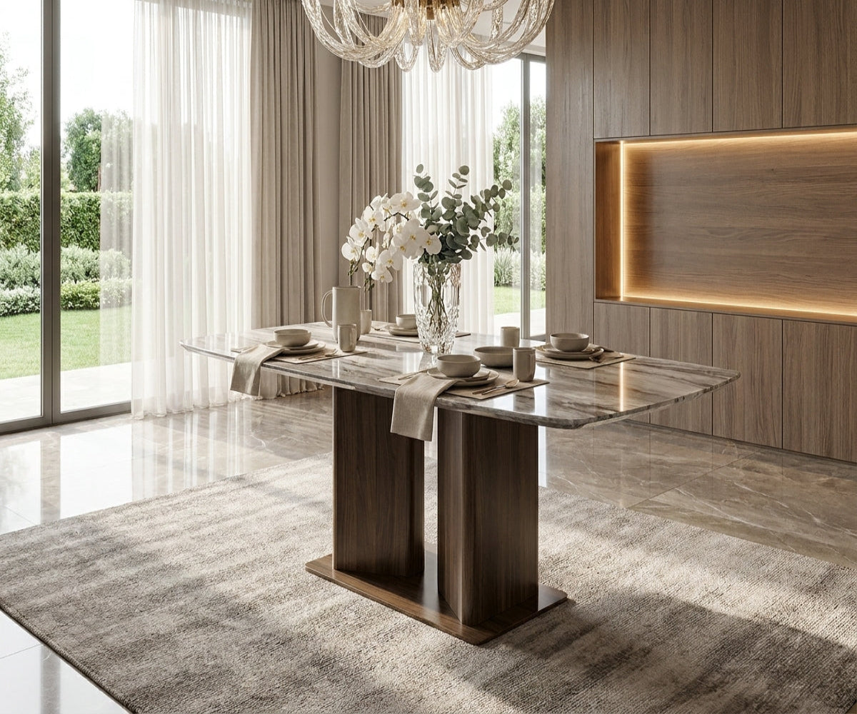 137/8-A12 dining table in a warm dining room with a glass chandelier