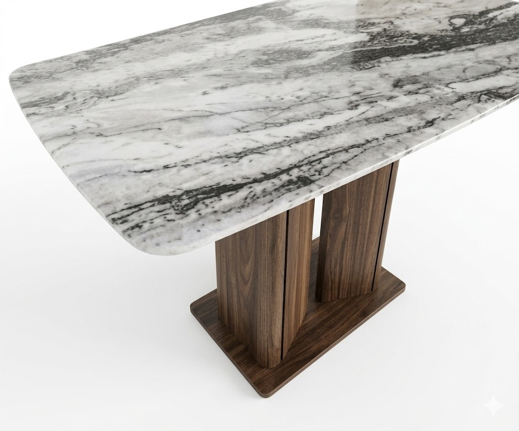 137/8-A12 dining table in a warm dining room with a glass chandelier