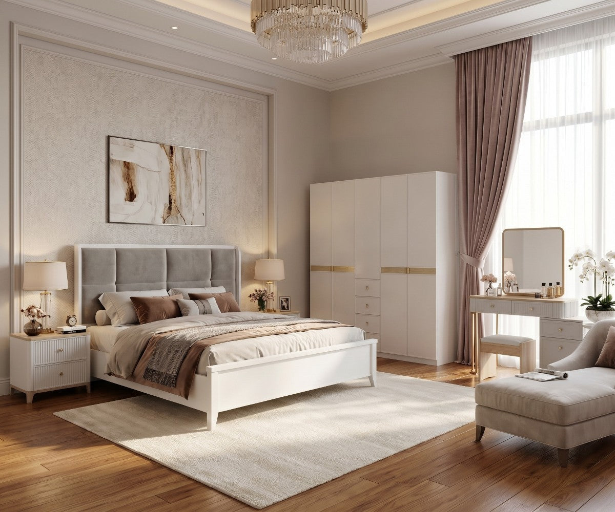 1571-5 bedroom set staged in a bright room under a crystal chandelier