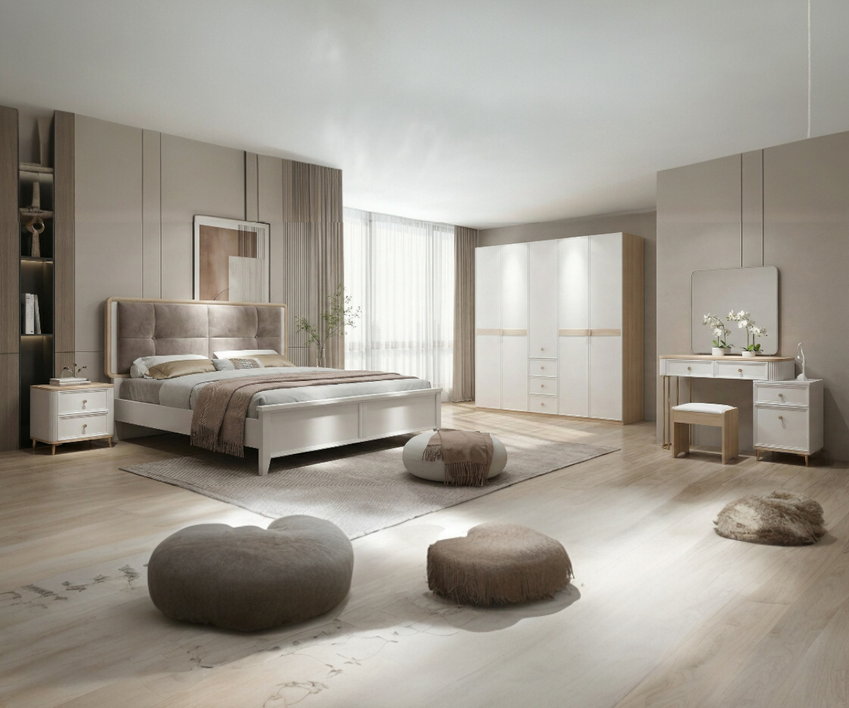1571 modern white bedroom set staged in a bright room with floor poufs