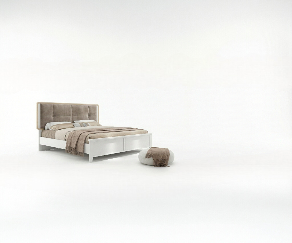 1571 modern white bedroom set staged in a bright room with floor poufs