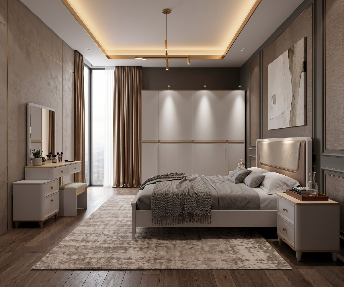 1572 contemporary wooden bedroom set in a warm room with cove lighting