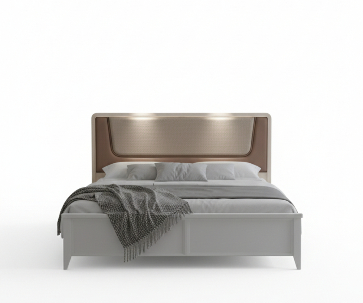 1572 contemporary wooden bedroom set in a warm room with cove lighting