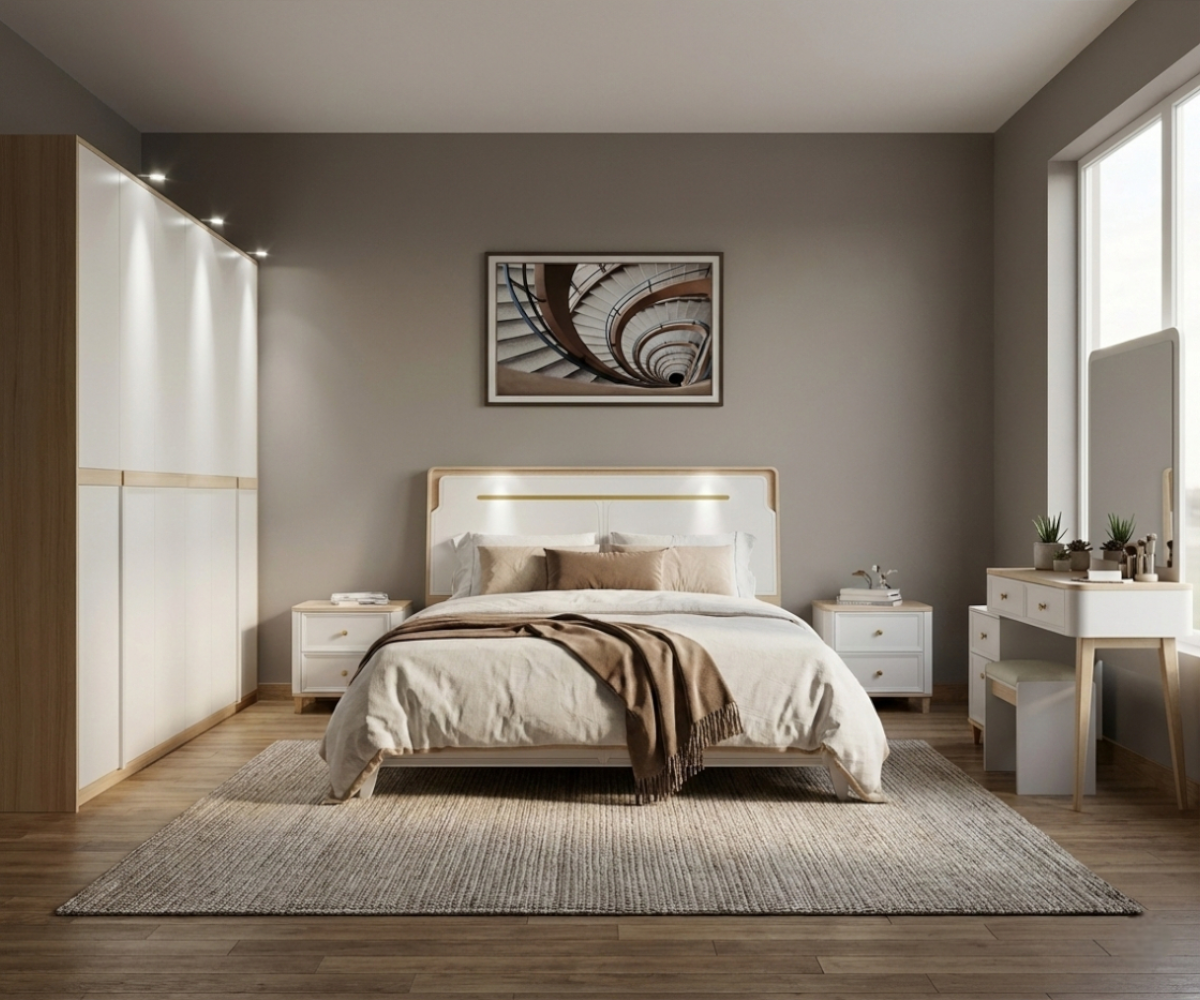 1577 modern wooden bedroom set staged in a grey room with a patterned rug