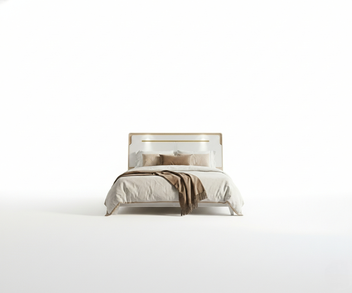 1577 modern wooden bedroom set staged in a grey room with a patterned rug