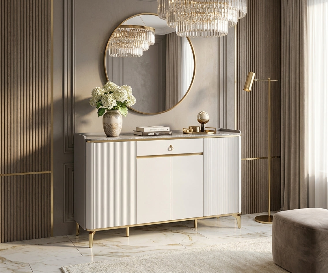 1616 tall shoe storage in a chandelier-lit hallway with a round mirror