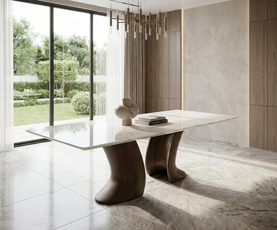 1623/ONYX dining table in a bright room with a stone-clad wall